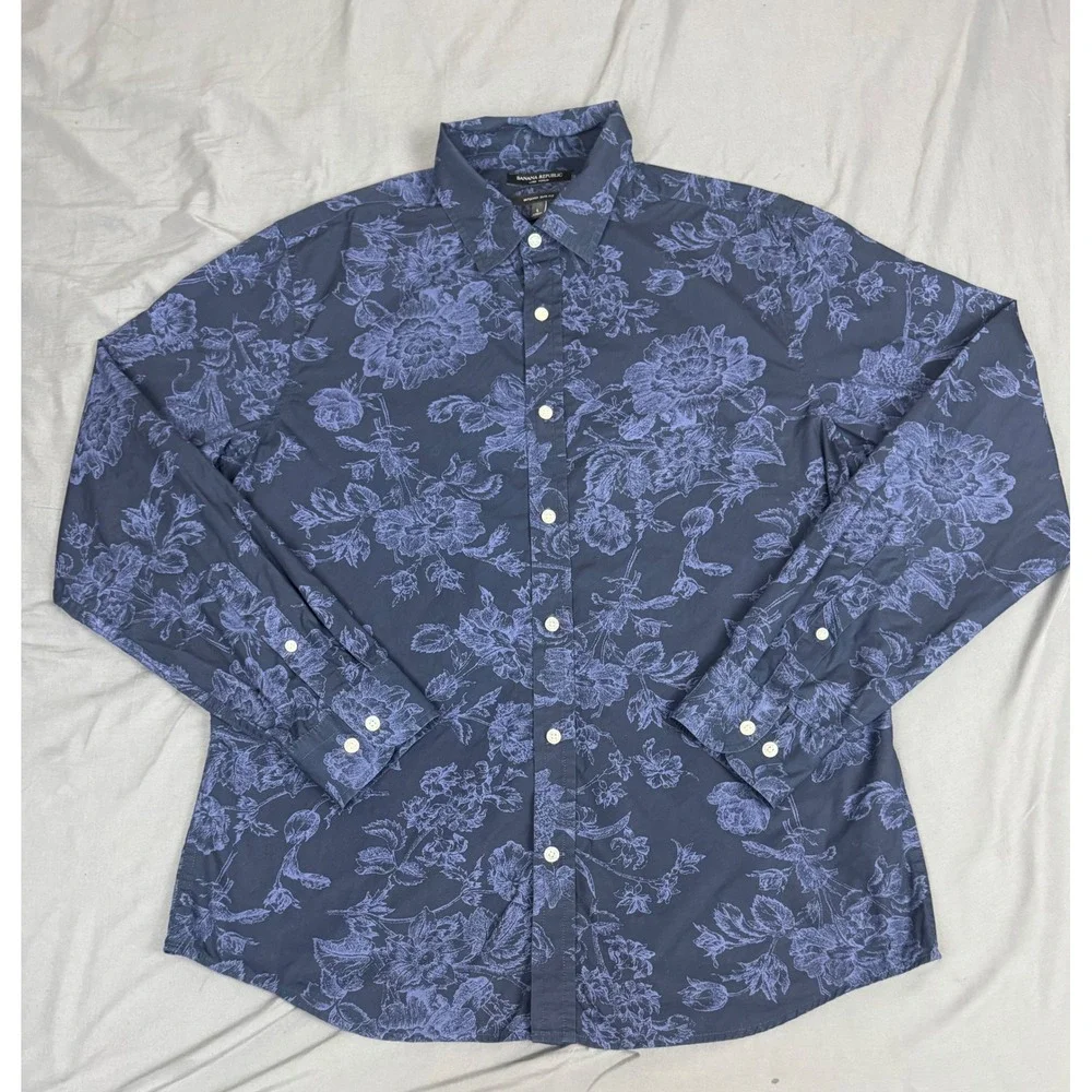 Banana Republic Mens Large Luxe Poplin Untucked Slim Fit Floral Shirt Navy Blue